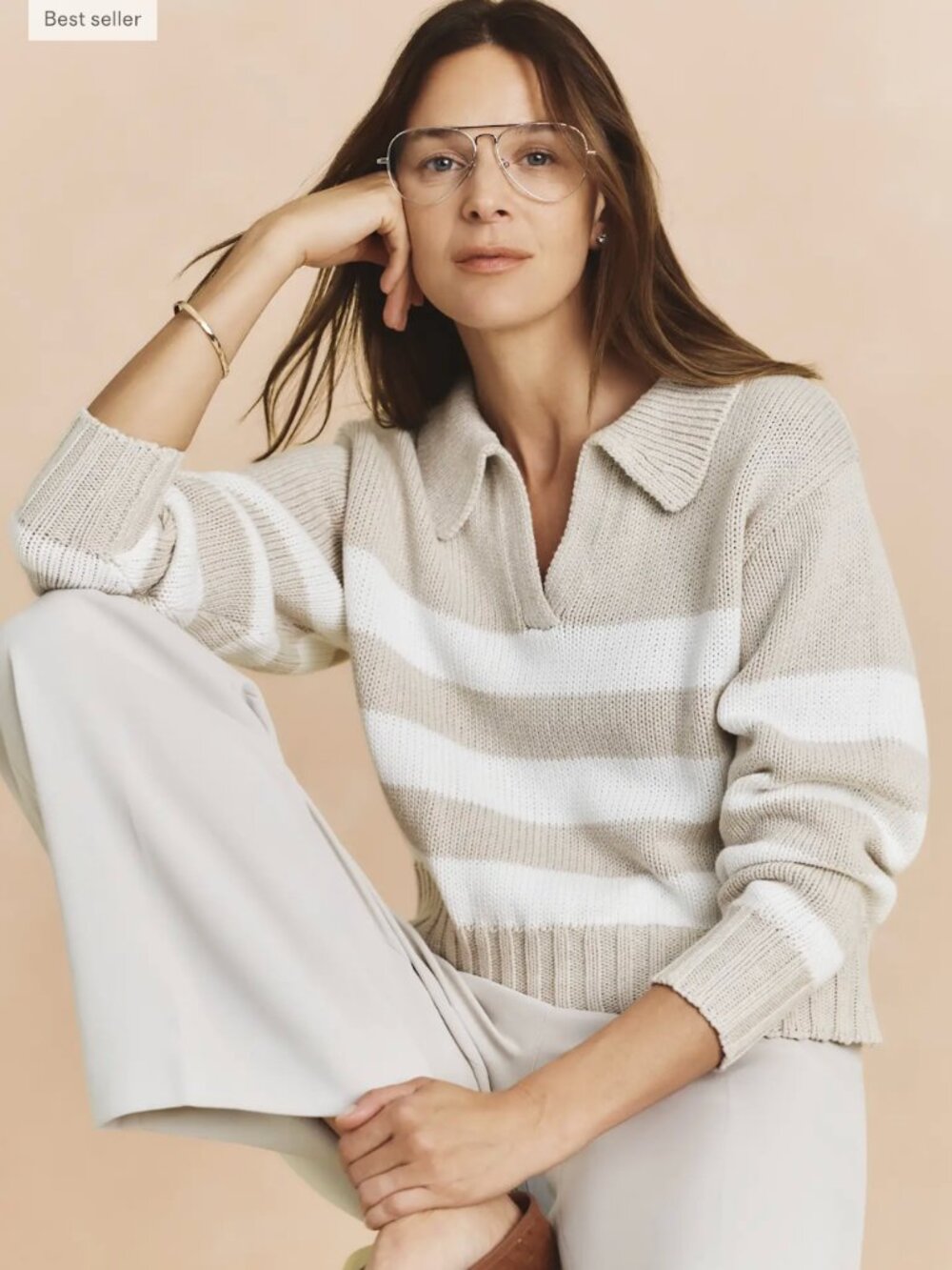 Quince 100% Organic Cropped Cotton Polo Sweater in Stripe | Size Medium